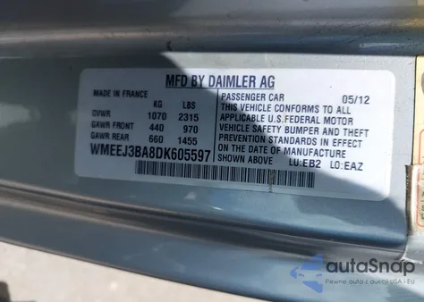 2013 Smart Fortwo Passion/Pure из США, поврежденный, VIN WMEEJ3BA8DK605597